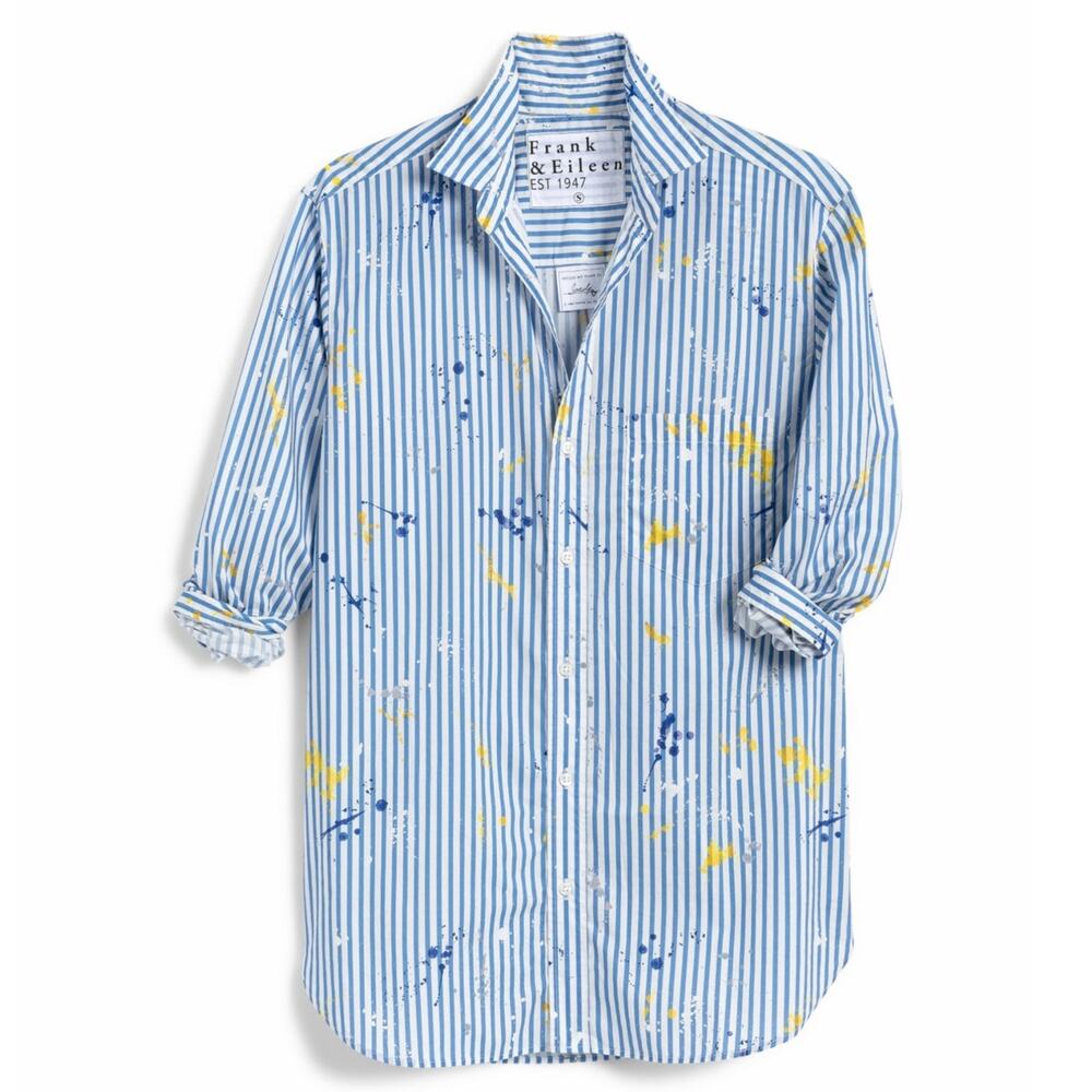 Frank &‎ Eileen Joedy Paint Splatter Blue Stripe Relaxed Button-Up Shirt Small - Picture 3 of 14